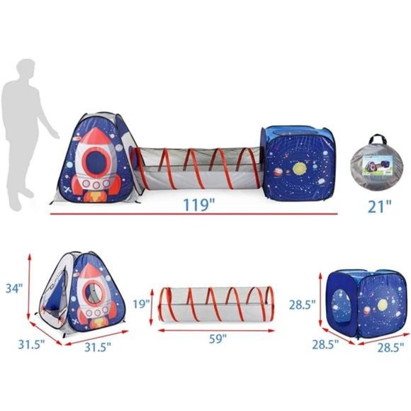 3pc Space Astronaut Pop Up Play Tents with Tunnels for Kids, Boys, Girls, Babies - Picture 7 of 7
